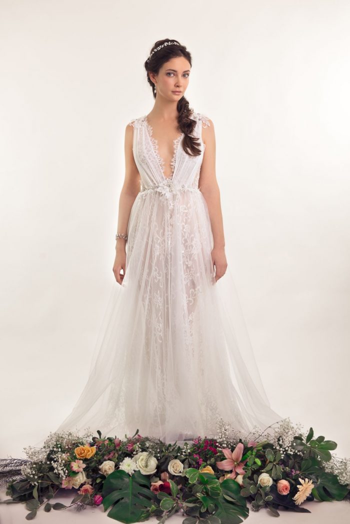 vestido de novia de encaje chantilly y tul de seda